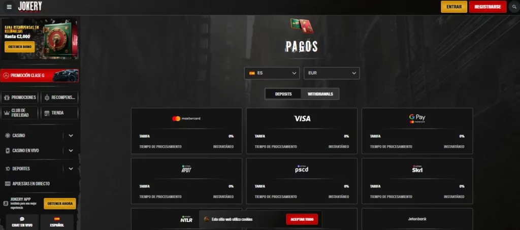 Métodos de pago disponibles en Jokery Casino